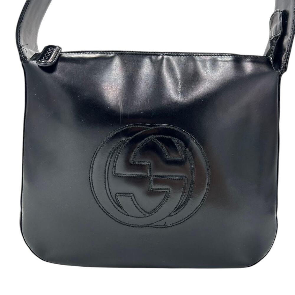 Vintage Gucci Black Leather Interlocking GG Shoulder Bag